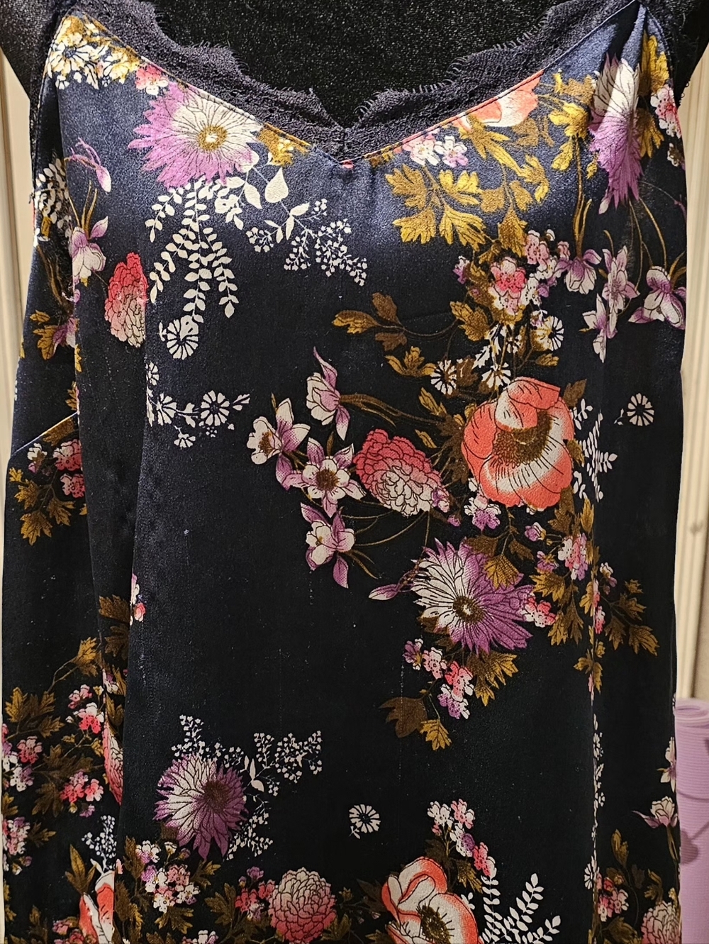 Japna Black Slip Dress with Pink & Gold Floral Accents